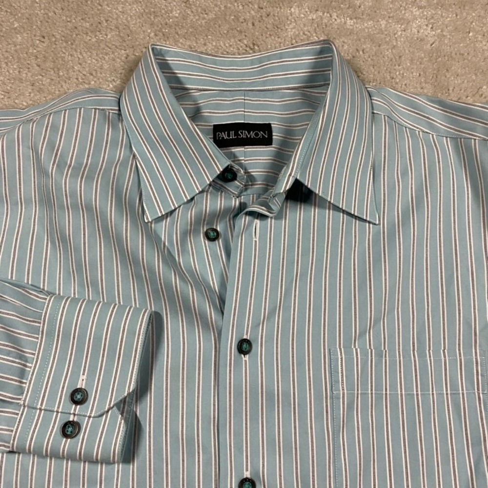 Paul Simon Shirt Mens L Blue Striped Button Down Made USA Long Sleeve Ivy Prep